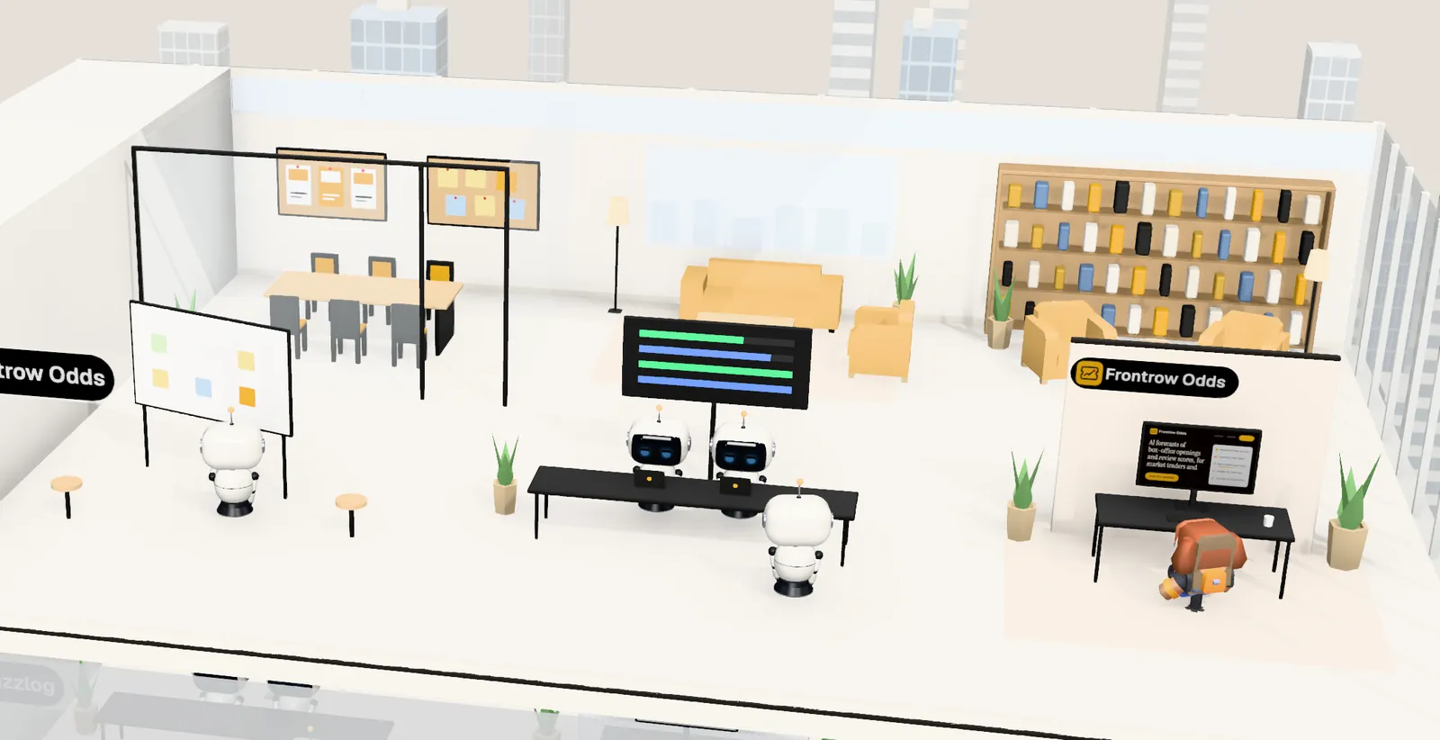 Frontrow Odds’ office on floor 10 of Tower 2: the owner’s desk with the website on screen, the agents’ bench, a meeting room and a library